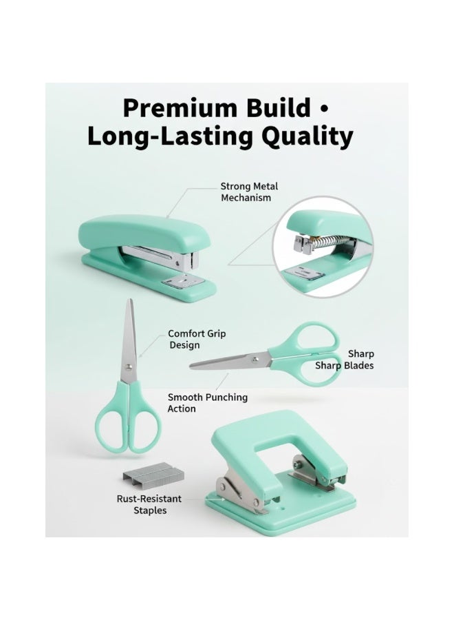 لوكاداه مجموعة أدوات مكتبية صغيرة مكونة من 5 قطع مع دباسة ومقص ومثقب ورق ومزيل دبابيس - مجموعة أدوات مكتبية صغيرة الحجم للاستخدام في المدرسة والمنزل والمكتب - أدوات محمولة لتدبيس وقص الورق بدبابيس معدنية قوية - Image 5